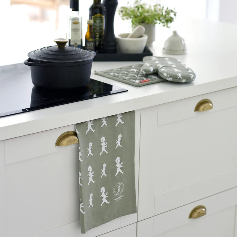 Kökshandduk halvlinne - Grön / Vit